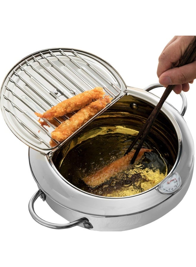 Happy Home Deep Fryer Pot 2.2L – Stainless Steel Deep Frying Pan for Tempura, Japanese Style, with Lid, Removable Oil Filter Rack, and Thermometer, Perfect for Frying Chicken, Fries, Shrimp, Fish, Calamari Rings, Pumpkin Pie, and Other Fried Foods, Durable, Easy to Clean, Rust-Resistant, Ideal for Daily Use, Family Picnics, Camping, and Special Occasion Gifts - Image 1
